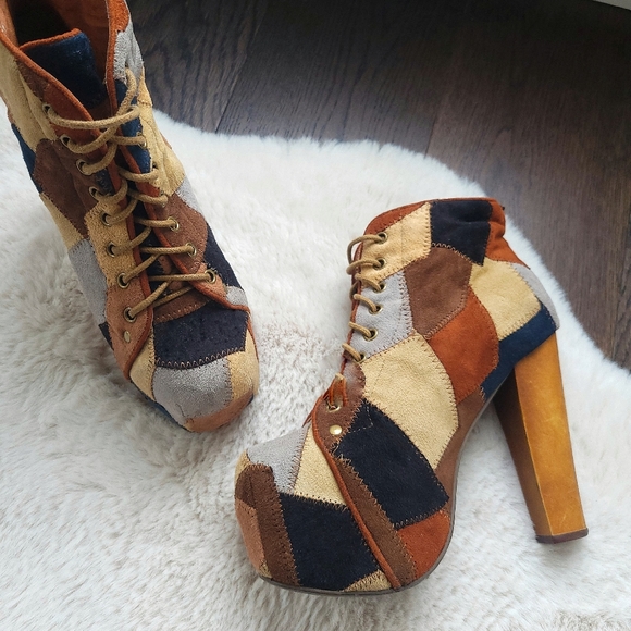 Jeffery Campbell Y2K Patchwork Lolita Square Toe Lace Up Platform Boots - Picture 2 of 10
